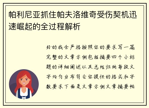 帕利尼亚抓住帕夫洛维奇受伤契机迅速崛起的全过程解析